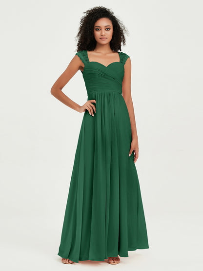 Vestidos de chiffon con escote en corazón y mangas cap de encaje Verde Oscuro