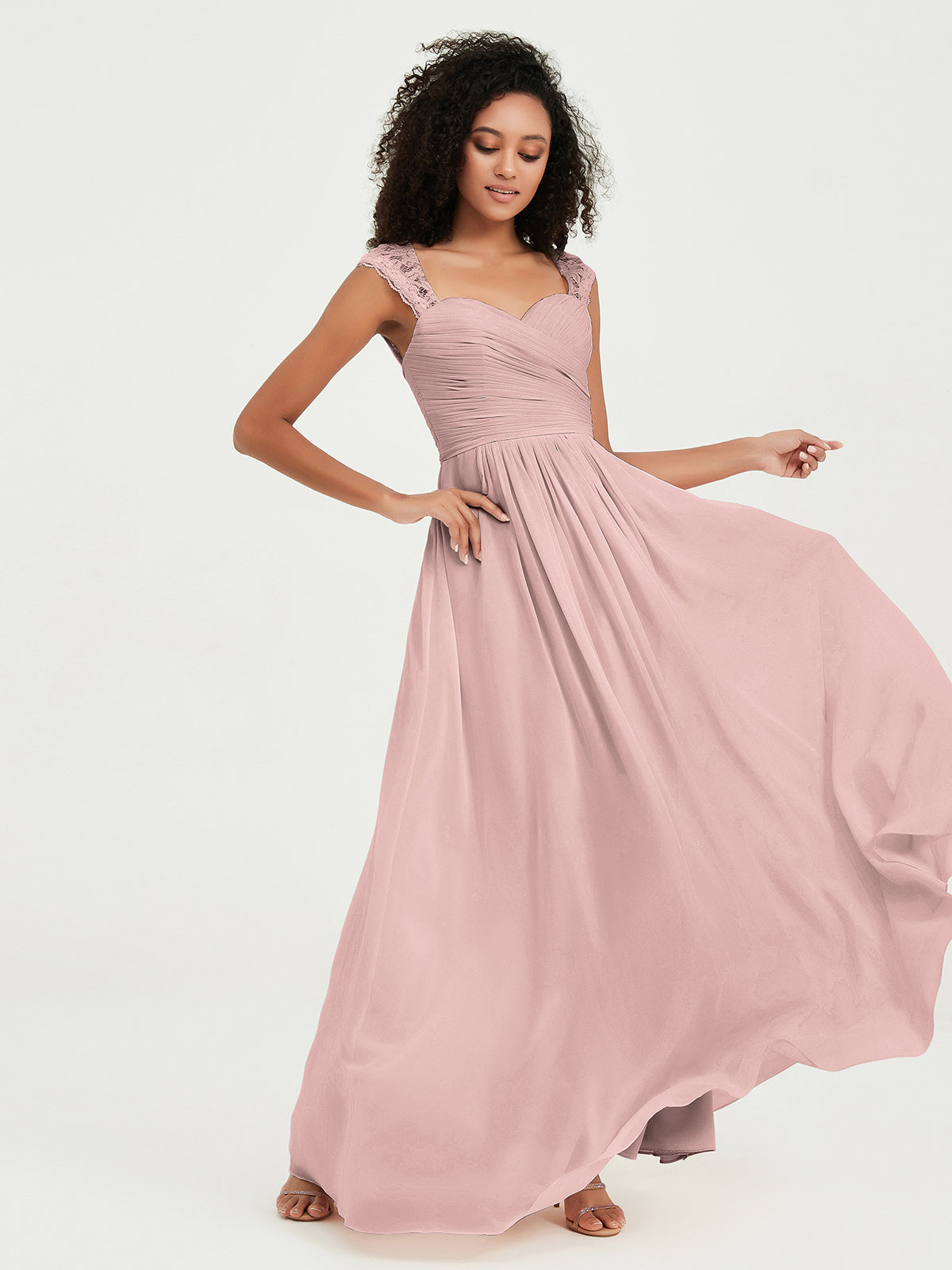 Vestidos de chiffon con escote en corazón y mangas cap de encaje Rosa Polvoriento