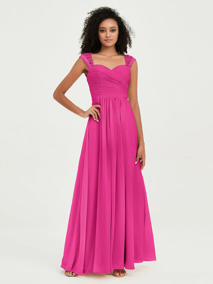 Vestidos de chiffon con escote en corazón y mangas cap de encaje Fucsia