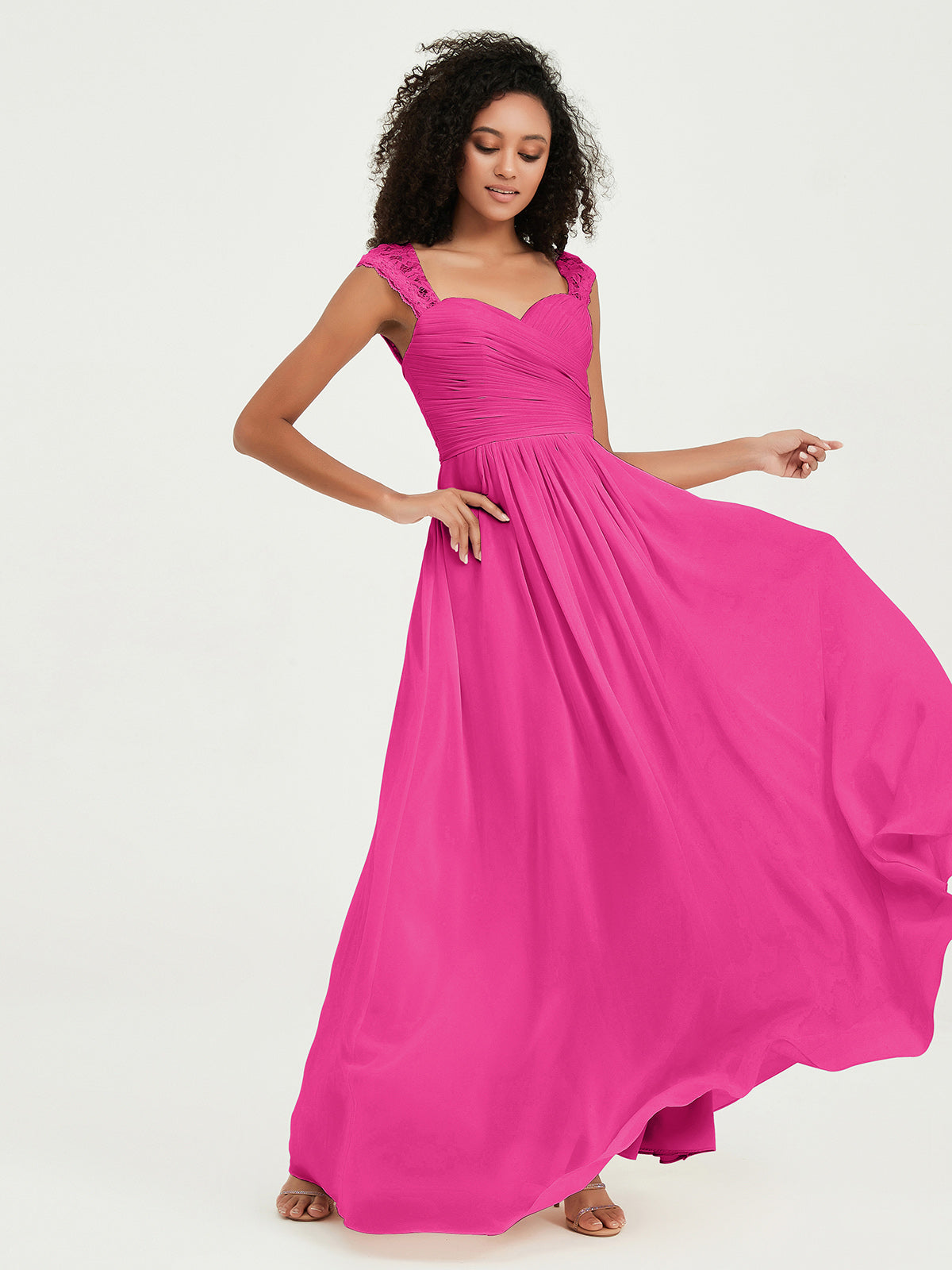 Vestidos de chiffon con escote en corazón y mangas cap de encaje Fucsia