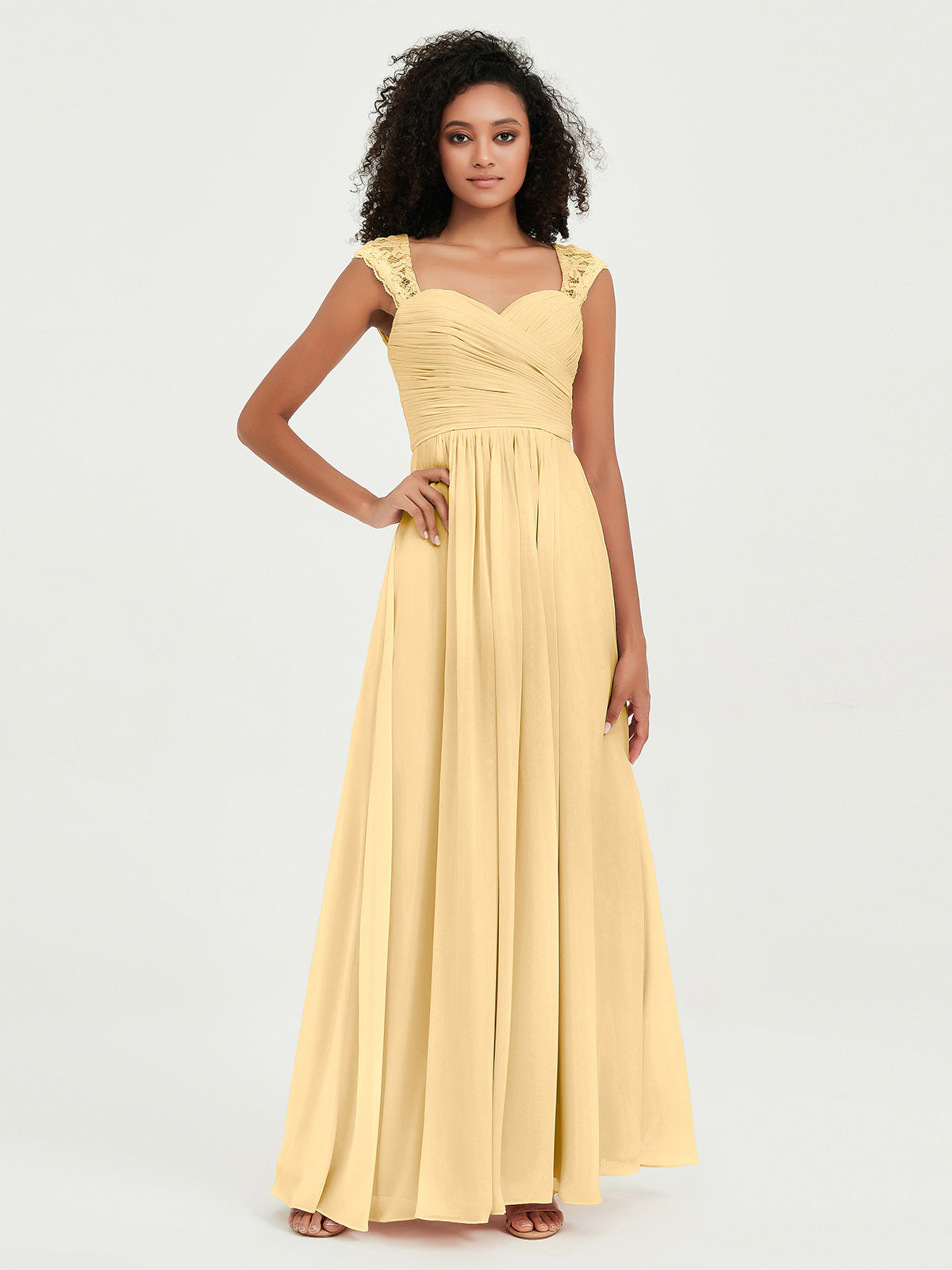 Vestidos de chiffon con escote en corazón y mangas cap de encaje Oro