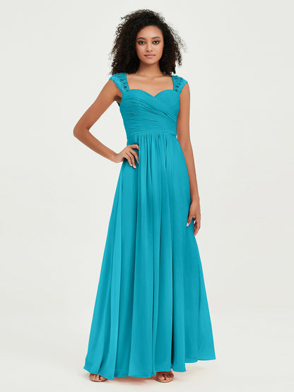 Vestidos de chiffon con escote en corazón y mangas cap de encaje Jade