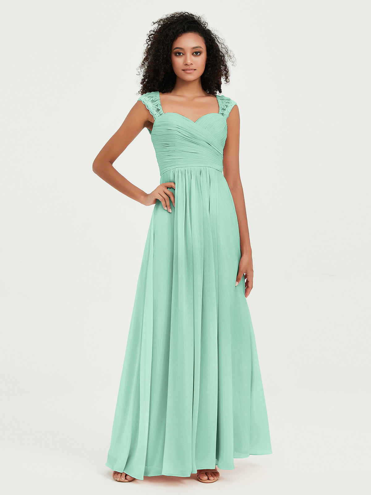 Vestidos de chiffon con escote en corazón y mangas cap de encaje Verde Menta