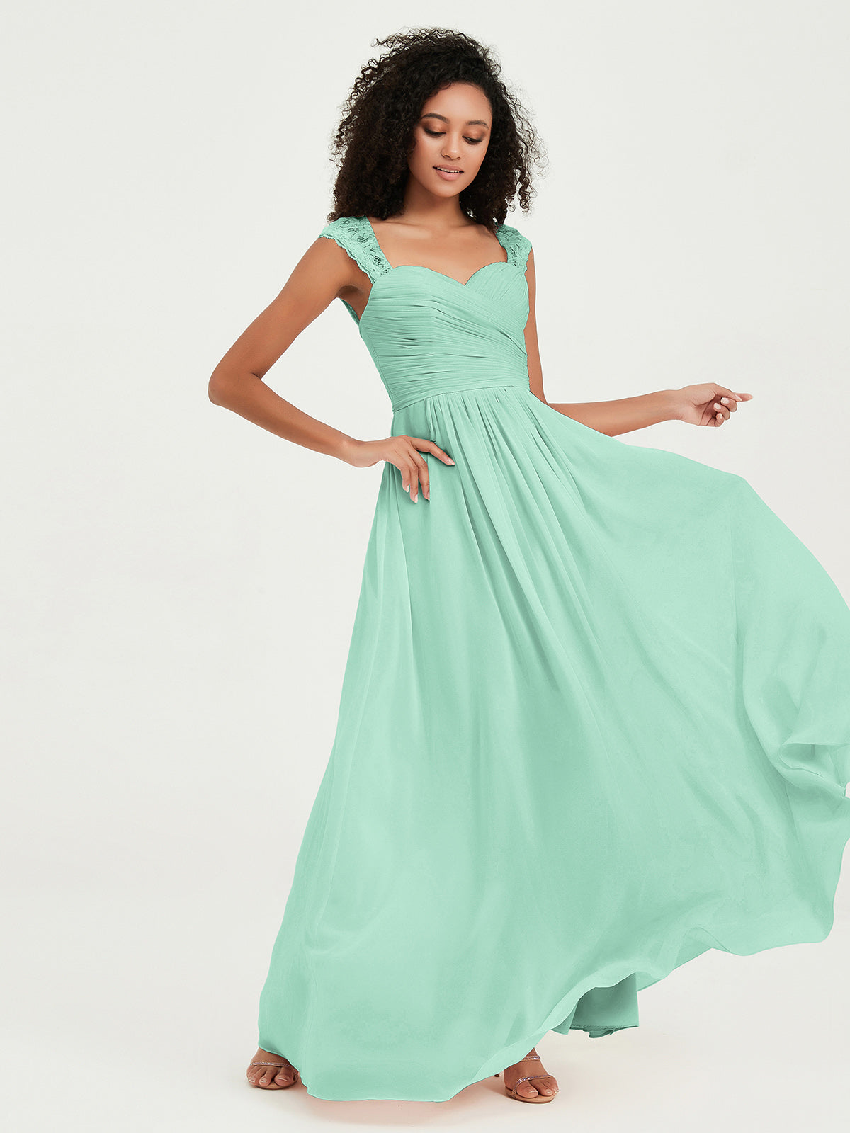 Vestidos de chiffon con escote en corazón y mangas cap de encaje Verde Menta