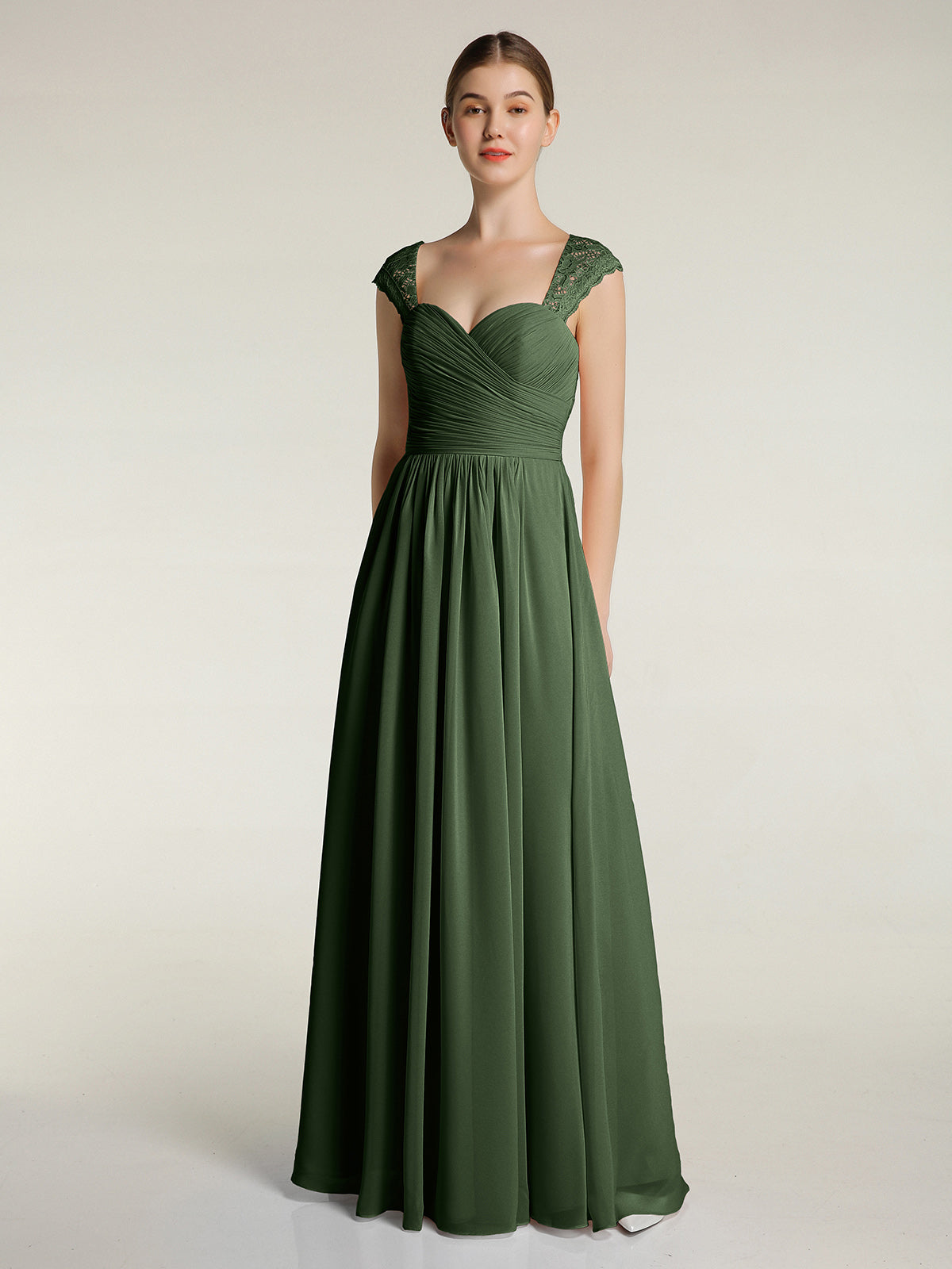 Vestidos de chiffon con escote en corazón y mangas cap de encaje Verde Oliva