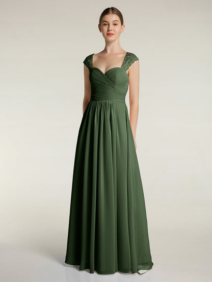 Vestidos de chiffon con escote en corazón y mangas cap de encaje Verde Oliva