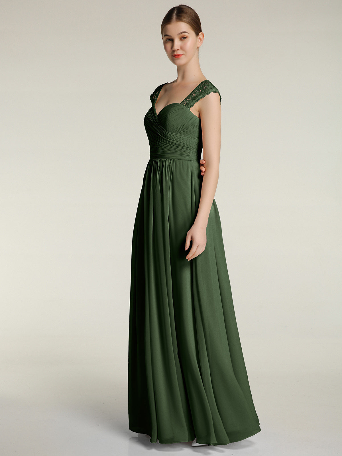 Vestidos de chiffon con escote en corazón y mangas cap de encaje Verde Oliva