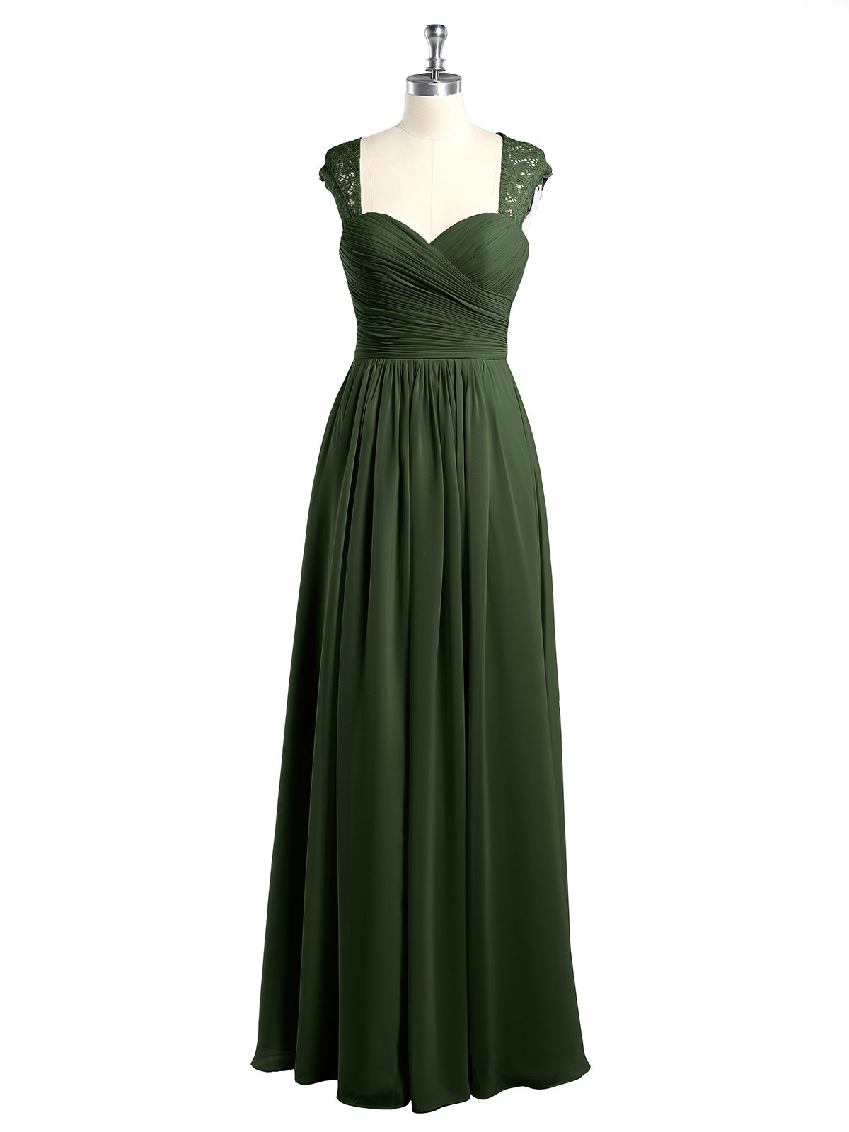 Vestidos de chiffon con escote en corazón y mangas cap de encaje Verde Oliva