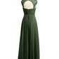 Vestidos de chiffon con escote en corazón y mangas cap de encaje Verde Oliva