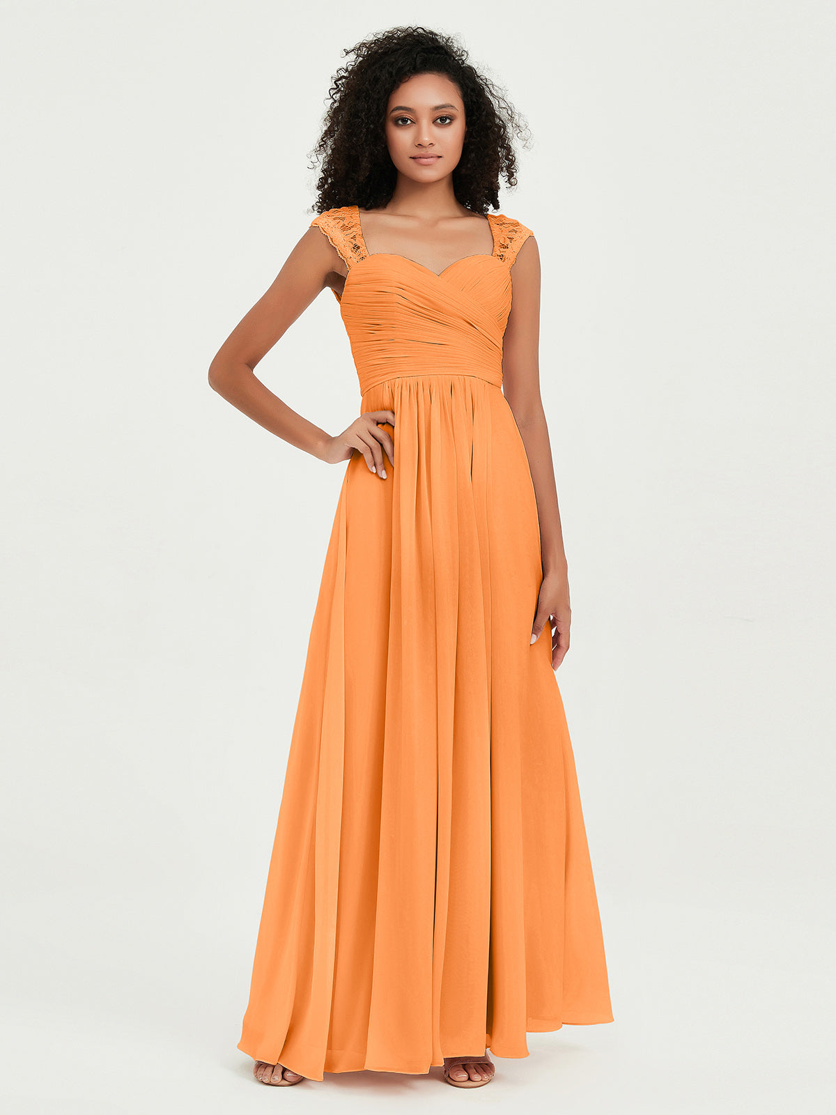 Vestidos de chiffon con escote en corazón y mangas cap de encaje Naranja