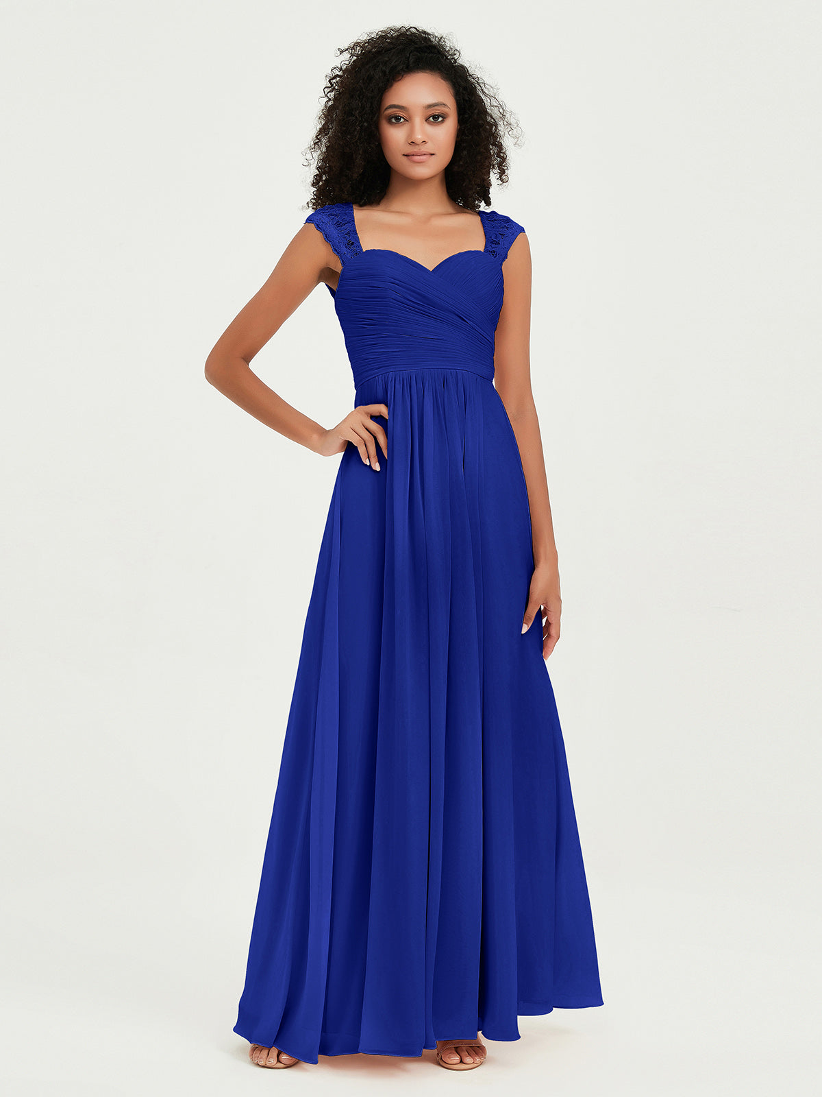 Vestidos de chiffon con escote en corazón y mangas cap de encaje Azul Royal