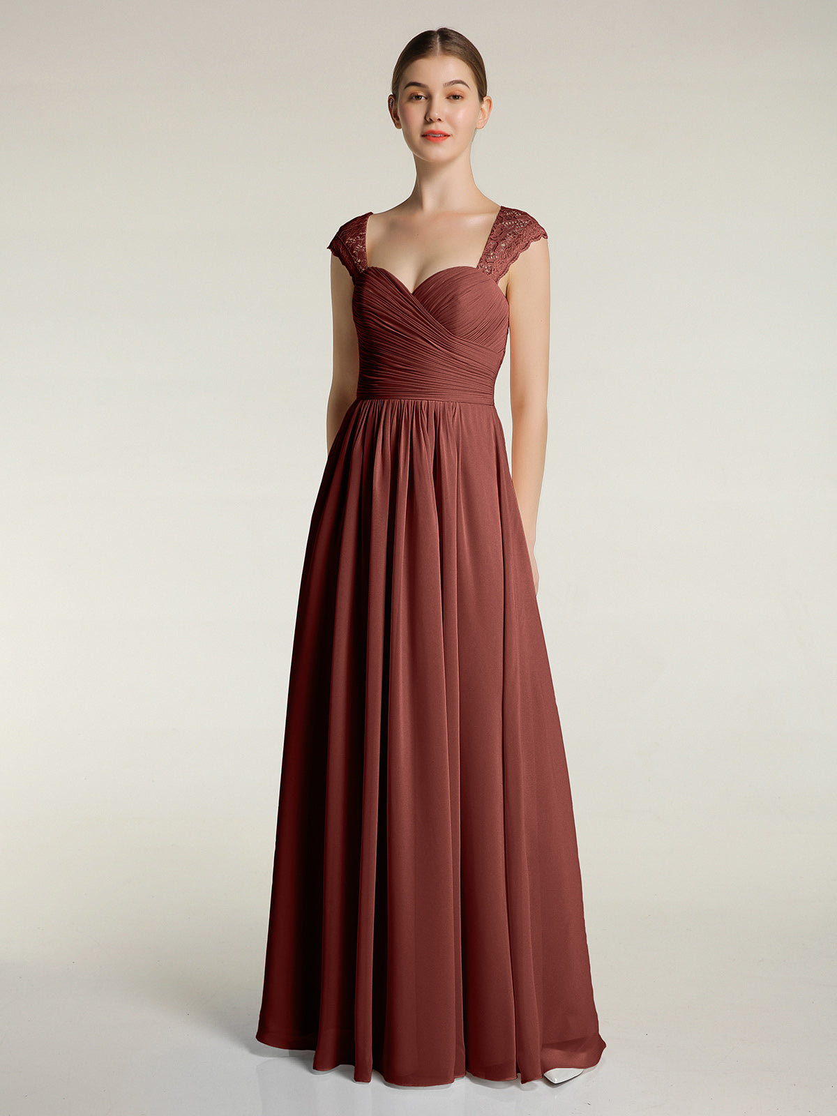 Vestidos de chiffon con escote en corazón y mangas cap de encaje Terracota