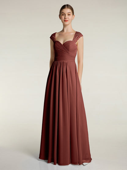 Vestidos de chiffon con escote en corazón y mangas cap de encaje Terracota