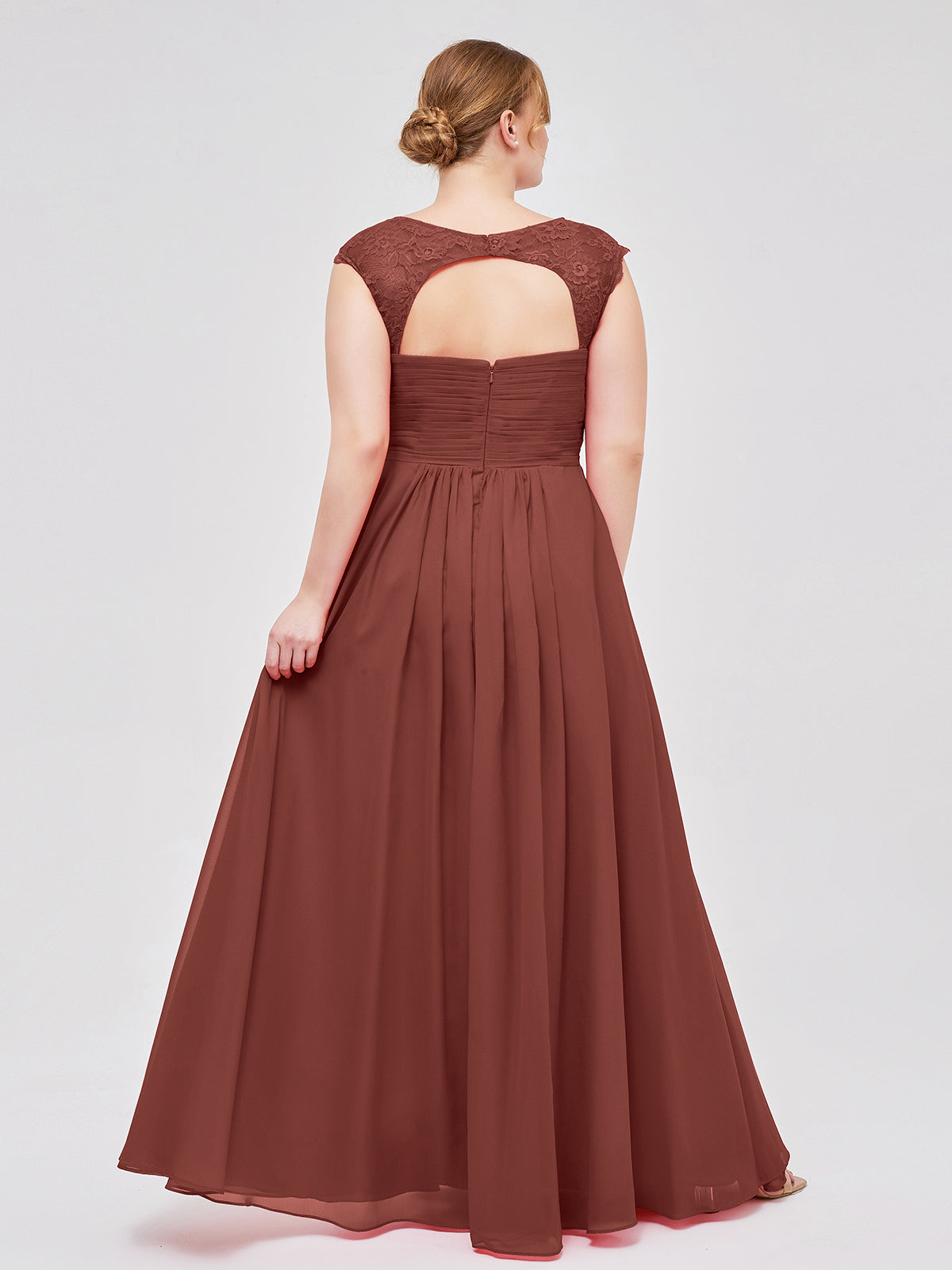 Vestidos de chiffon con escote en corazón y mangas cap de encaje Terracota Tallas Grandes