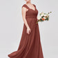 Vestidos de chiffon con escote en corazón y mangas cap de encaje Terracota Tallas Grandes