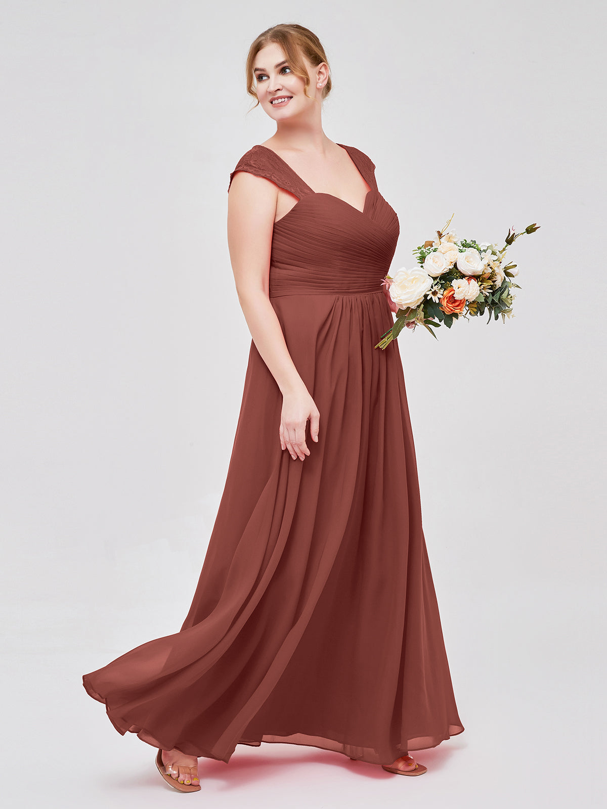 Vestidos de chiffon con escote en corazón y mangas cap de encaje Terracota Tallas Grandes