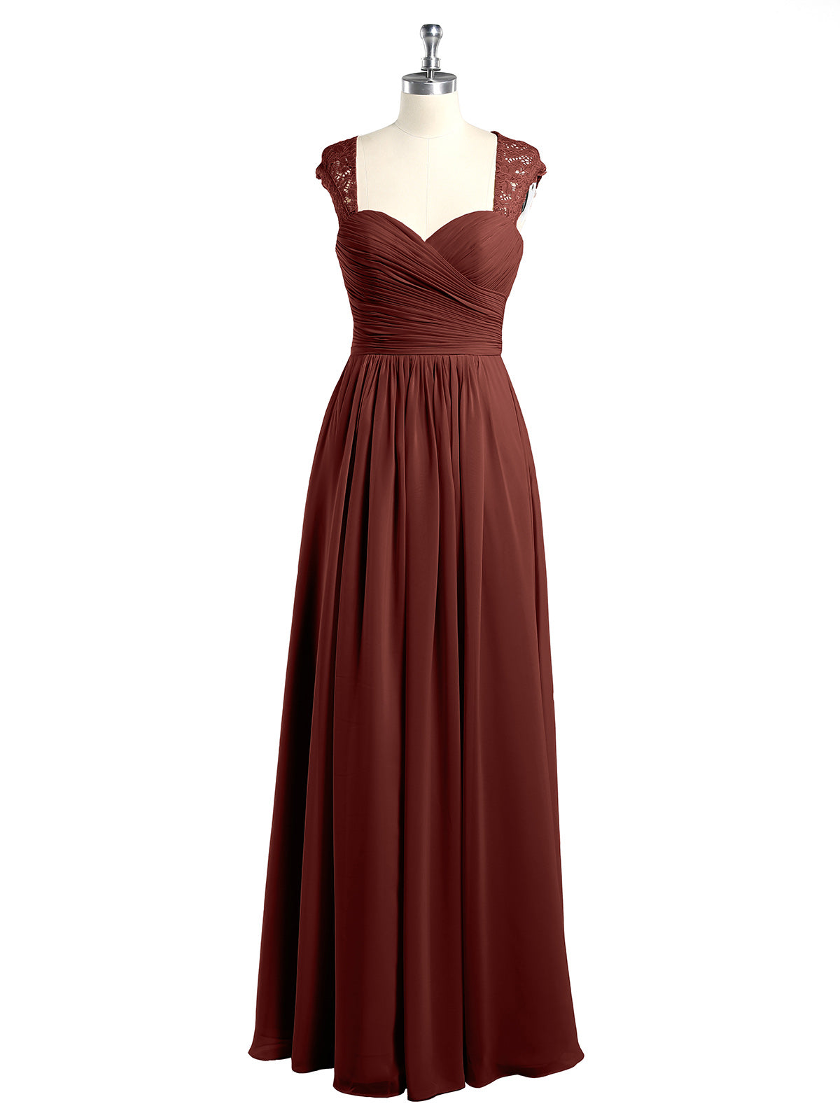 Vestidos de chiffon con escote en corazón y mangas cap de encaje Terracota