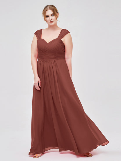 Vestidos de chiffon con escote en corazón y mangas cap de encaje Terracota Tallas Grandes