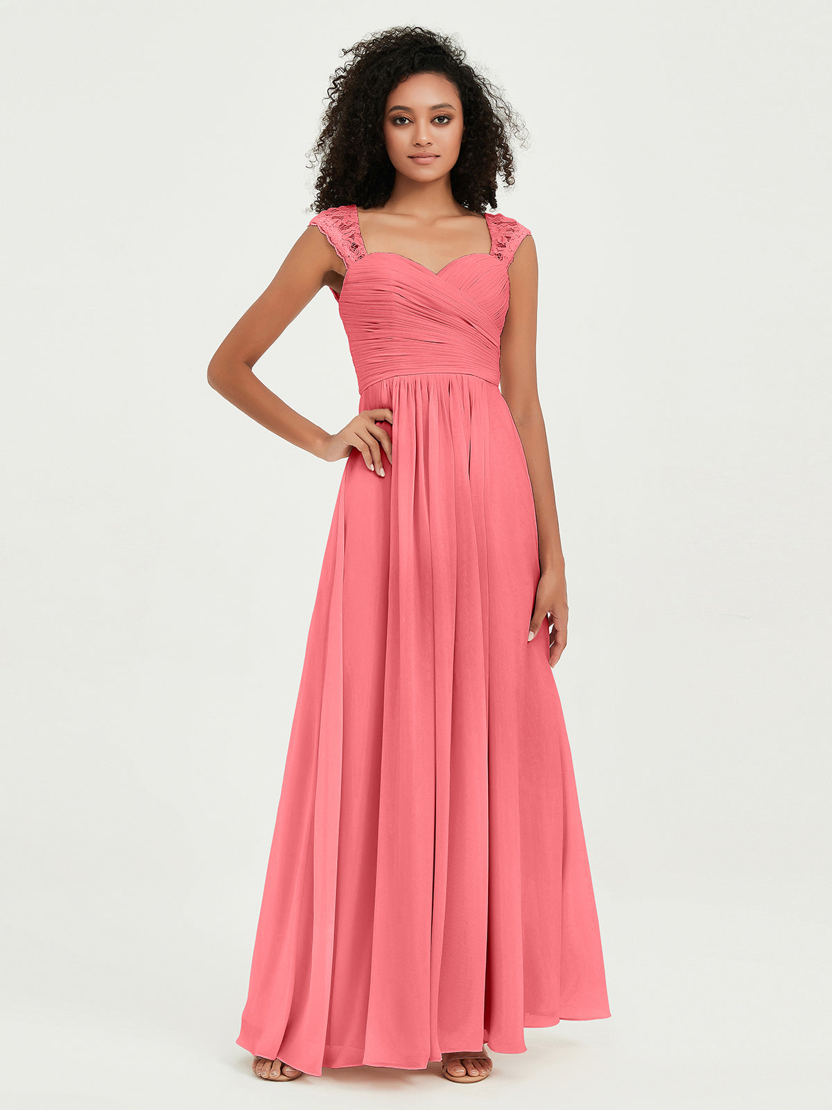 Vestidos de chiffon con escote en corazón y mangas cap de encaje Sandía