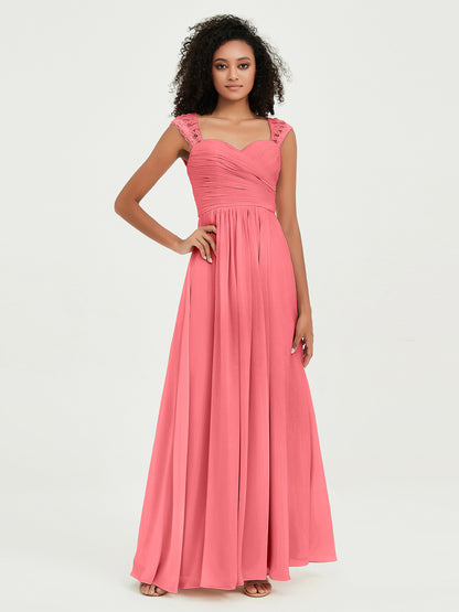 Vestidos de chiffon con escote en corazón y mangas cap de encaje Sandía