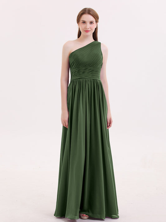 Hermosa Un Hombro Gasa Largo Vestido De Dama De Honor Verde Oliva Tallas Grandes
