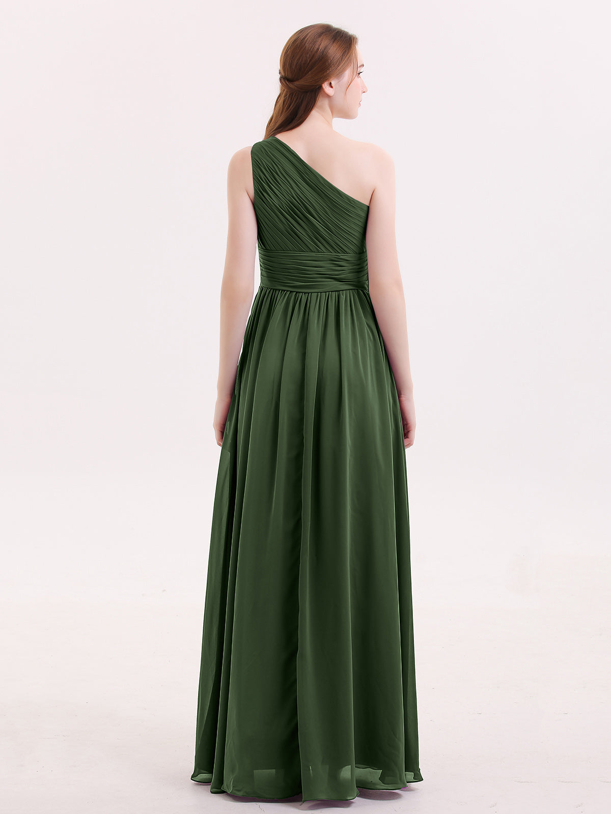 Hermosa Un Hombro Gasa Largo Vestido De Dama De Honor Verde Oliva Tallas Grandes
