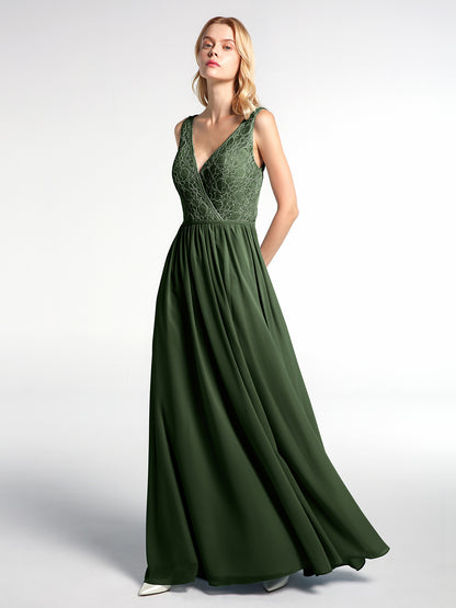Vestido maxi de chiffon con escote en V y parte superior de encaje Verde Oliva Tallas Grandes