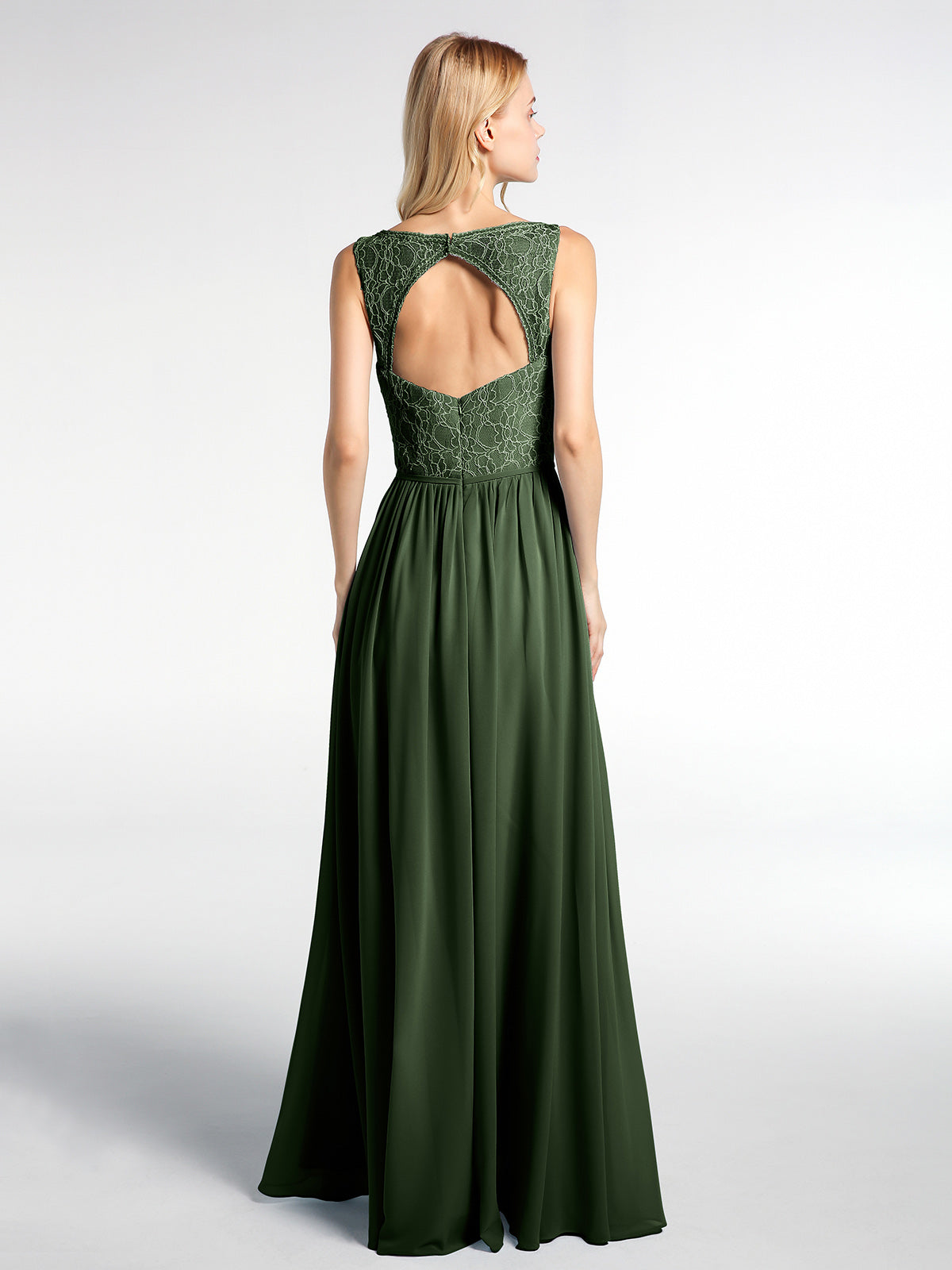 Vestido maxi de chiffon con escote en V y parte superior de encaje Verde Oliva