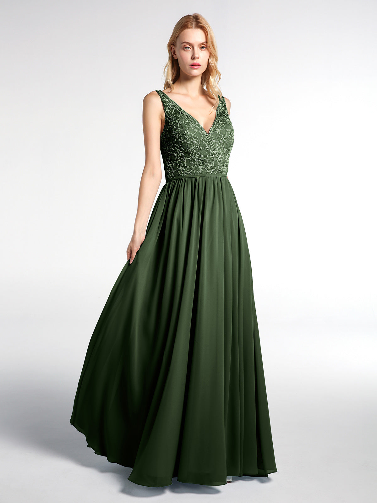Vestido maxi de chiffon con escote en V y parte superior de encaje Verde Oliva Tallas Grandes