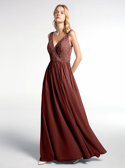Vestido maxi de chiffon con escote en V y parte superior de encaje Terracota