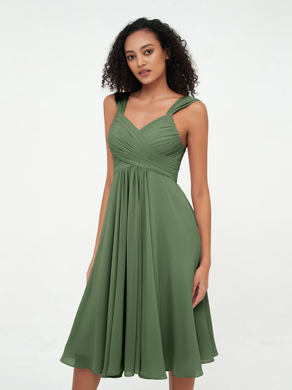 Vestidos cortos de chiffon estilo imperio con bolsillos Verde Oliva Tallas Grandes