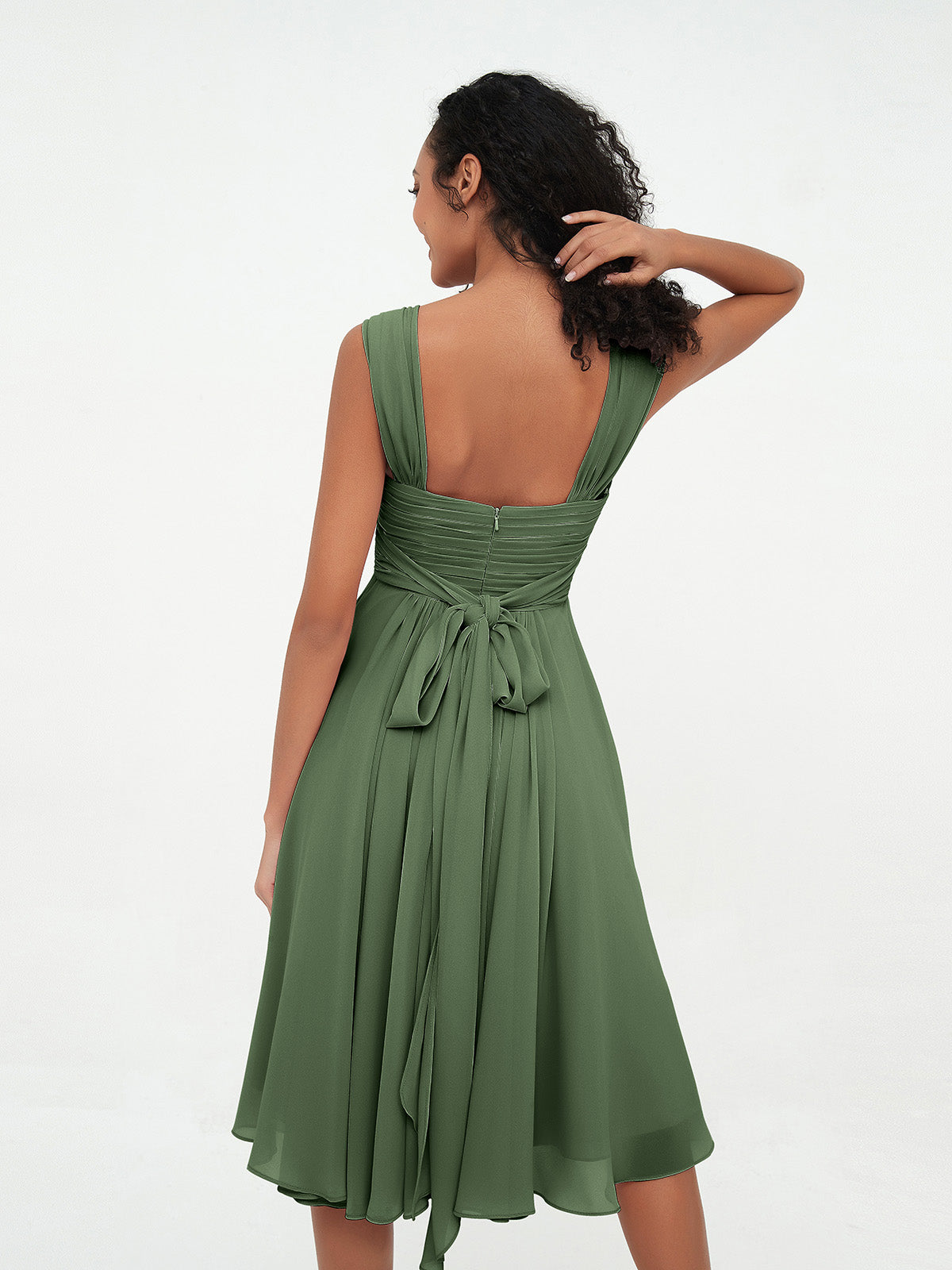 Vestidos cortos de chiffon estilo imperio con bolsillos Verde Oliva Tallas Grandes