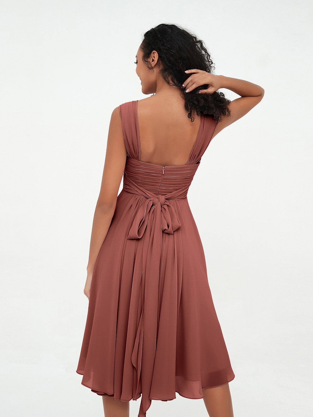 Vestidos cortos de chiffon estilo imperio con bolsillos Terracota