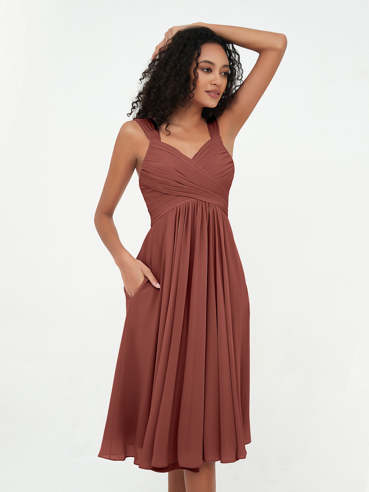 Vestidos cortos de chiffon estilo imperio con bolsillos Terracota