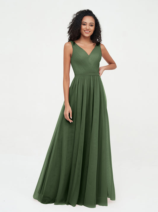 Vestidos máximos de tul estilo princesa con escote en V Verde Oliva Tallas Grande