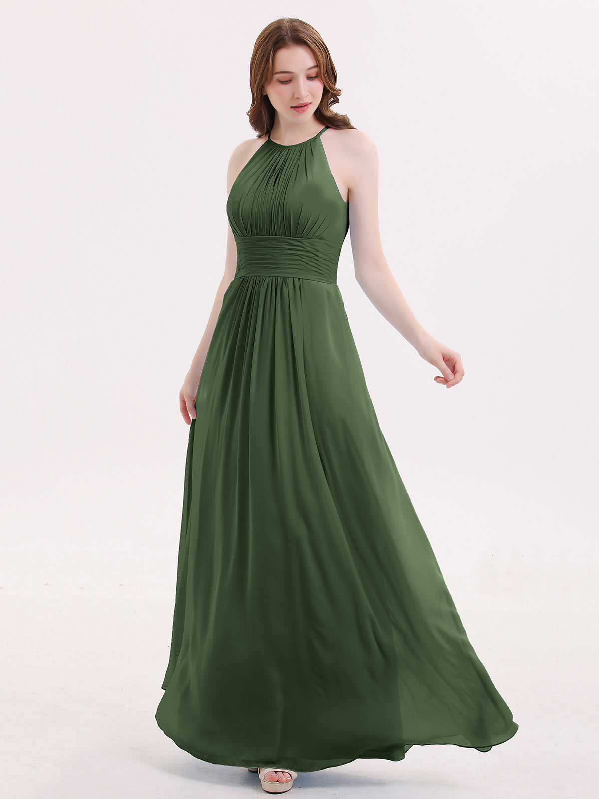 Irene Cabestro Largo Gasa Vestido Con Cintura Plisada Verde Oliva Tallas Grandes