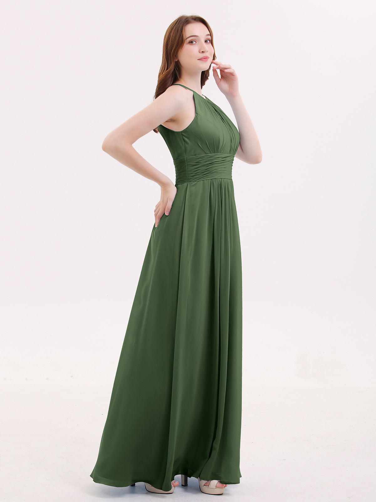 Irene Cabestro Largo Gasa Vestido Con Cintura Plisada Verde Oliva Tallas Grandes