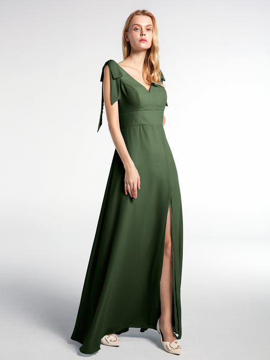 Vestido maxi de chiffon con tirantes planos y lazo con abertura frontal Verde Oliva