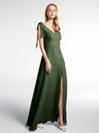 Vestido maxi de chiffon con tirantes planos y lazo con abertura frontal Verde oliva Tallas Grandes