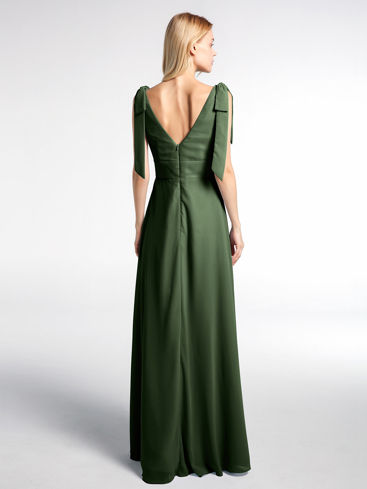 Vestido maxi de chiffon con tirantes planos y lazo con abertura frontal Verde Oliva