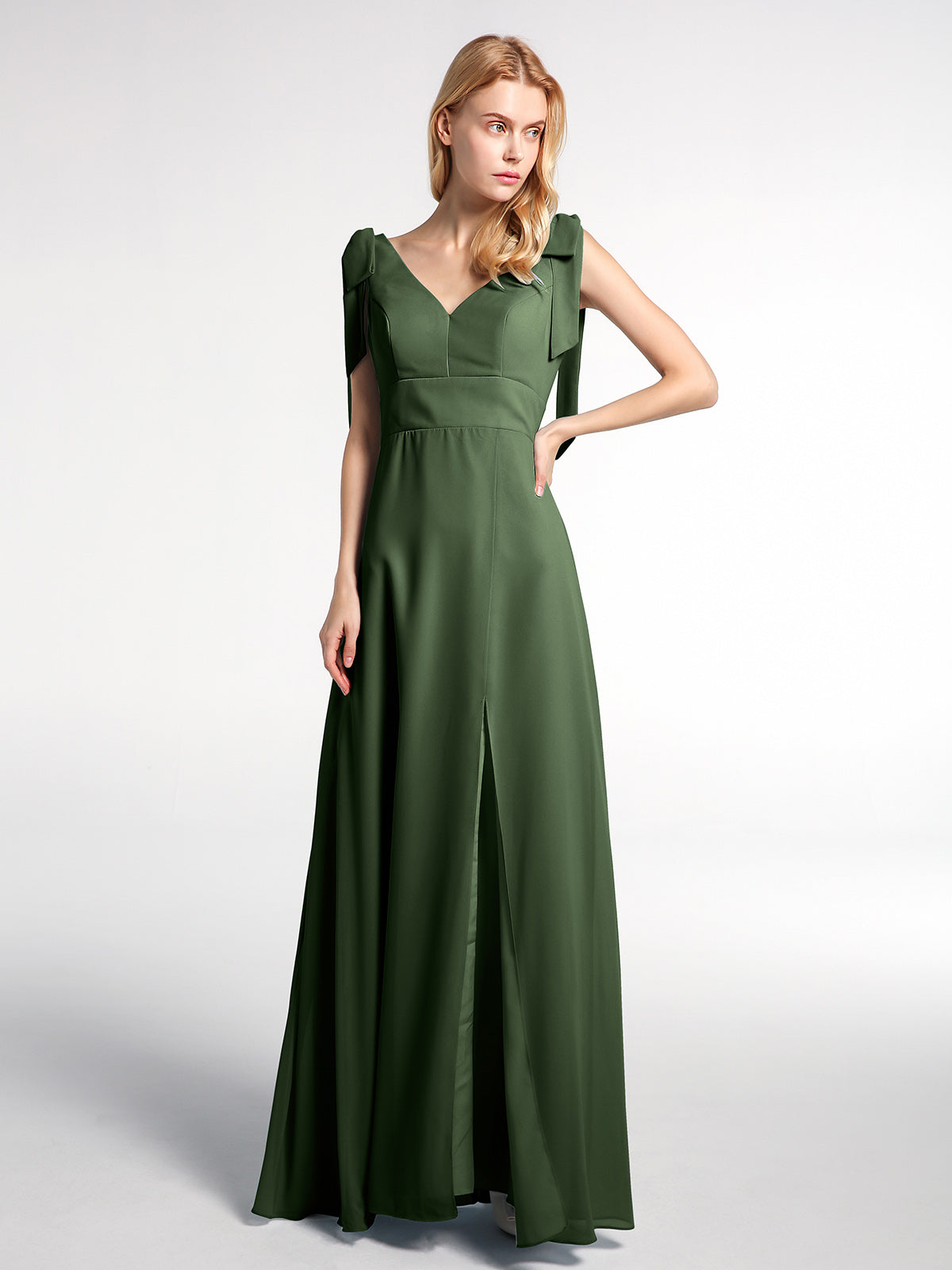 Vestido maxi de chiffon con tirantes planos y lazo con abertura frontal Verde Oliva