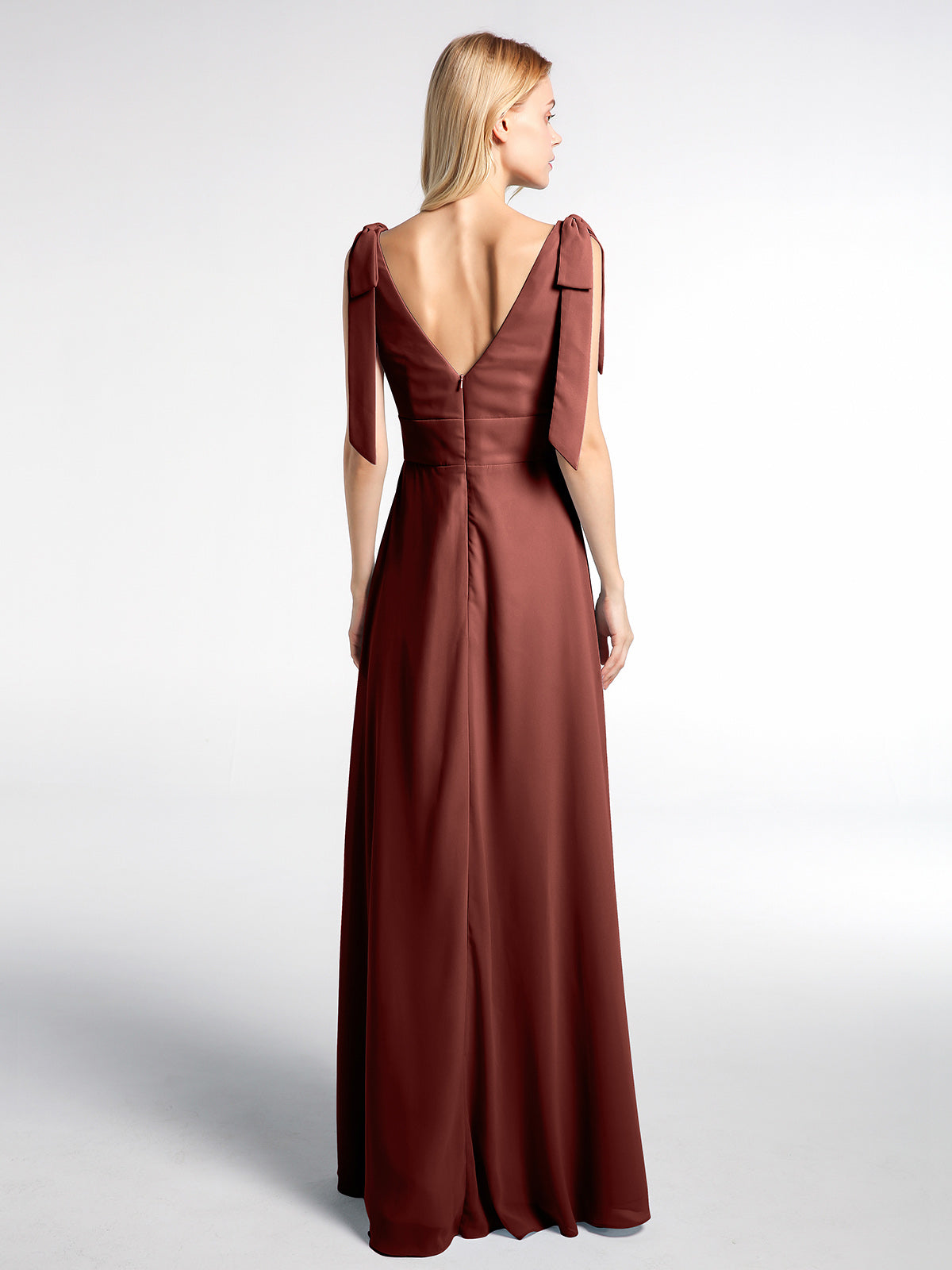 Vestido maxi de chiffon con tirantes planos y lazo con abertura frontal Terracota