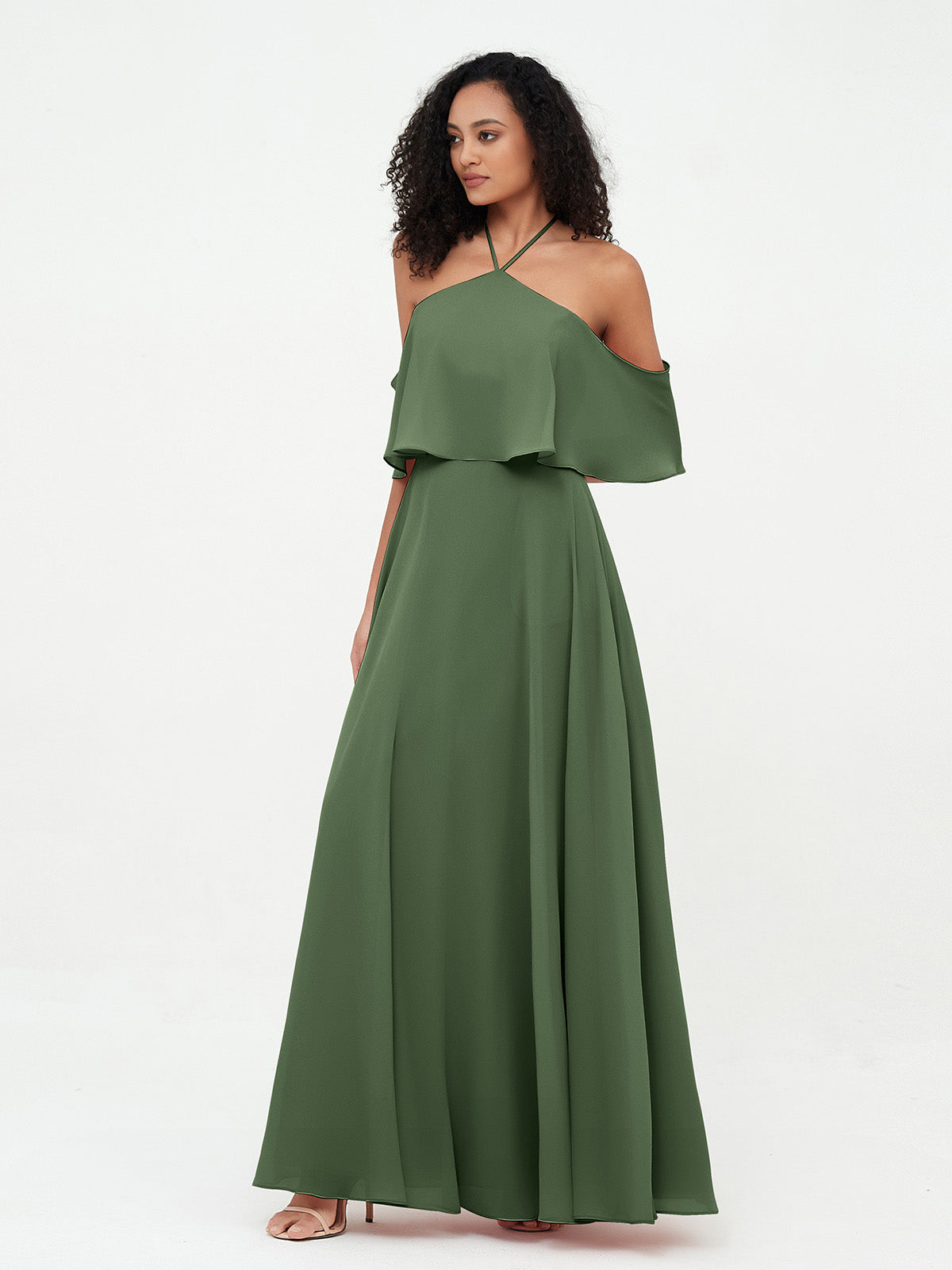 Vestidos máximos de chiffon estilo halter con hombros descubiertos Verde Oliva