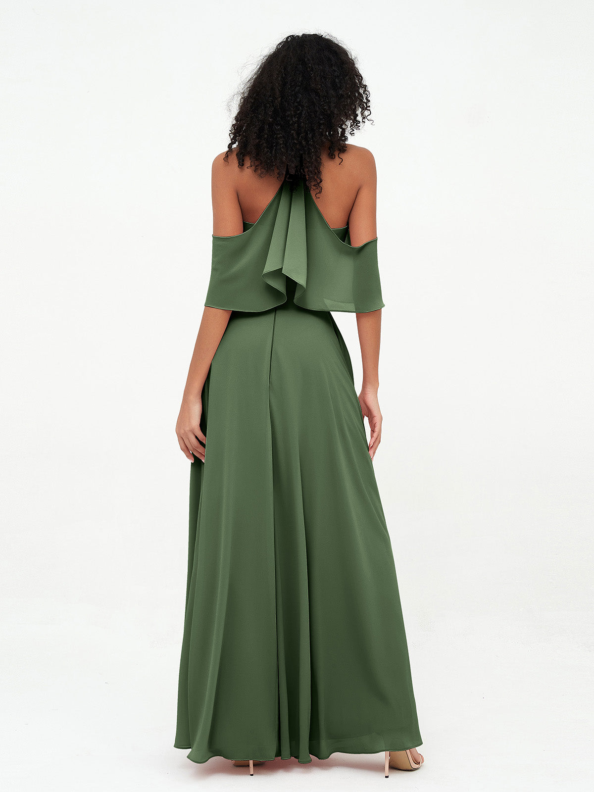 Vestidos máximos de chiffon estilo halter con hombros descubiertos Verde Oliva Tallas Grandes