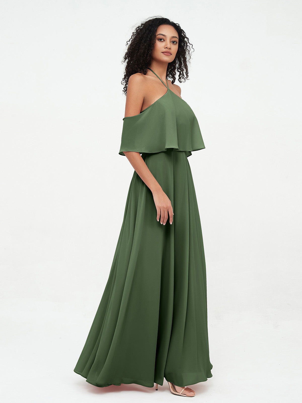 Vestidos máximos de chiffon estilo halter con hombros descubiertos Verde Oliva