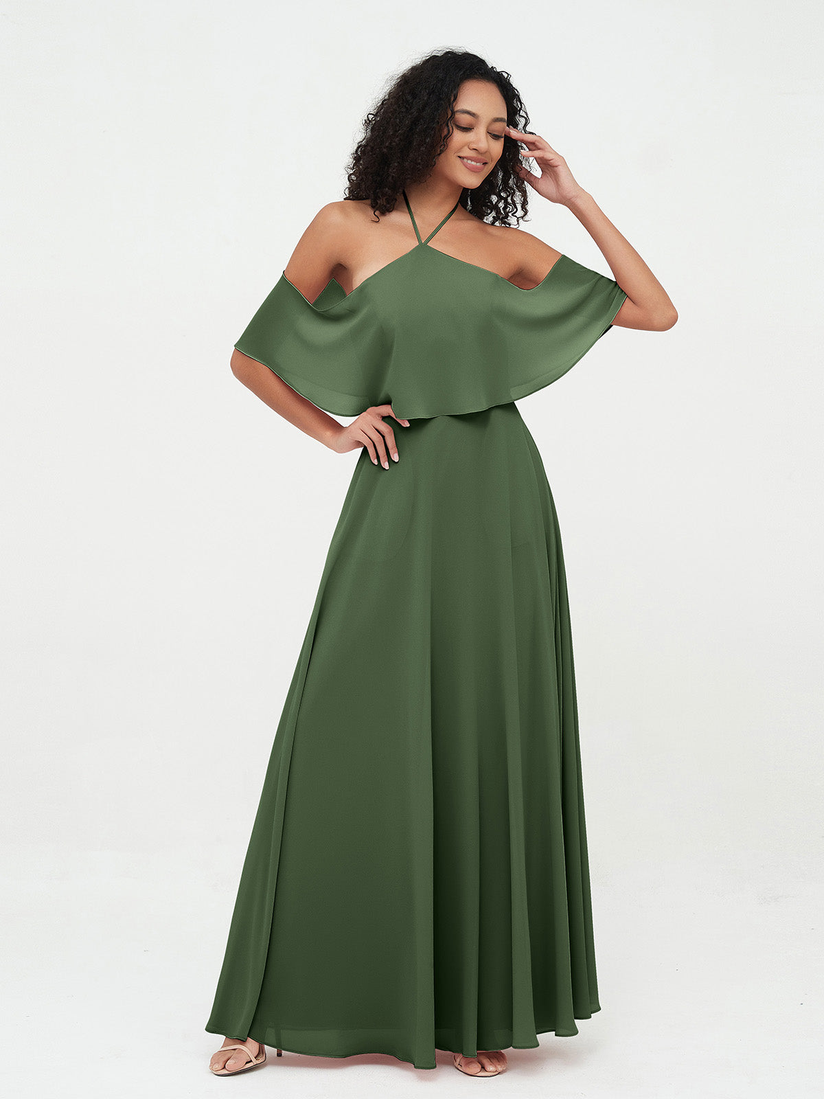 Vestidos máximos de chiffon estilo halter con hombros descubiertos Verde Oliva