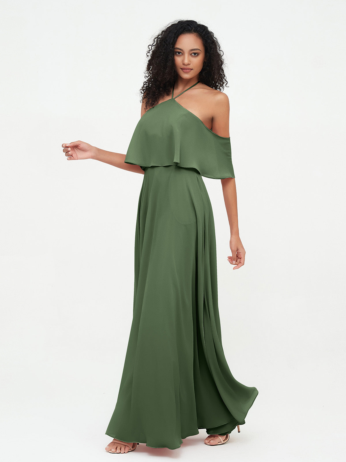 Vestidos máximos de chiffon estilo halter con hombros descubiertos Verde Oliva