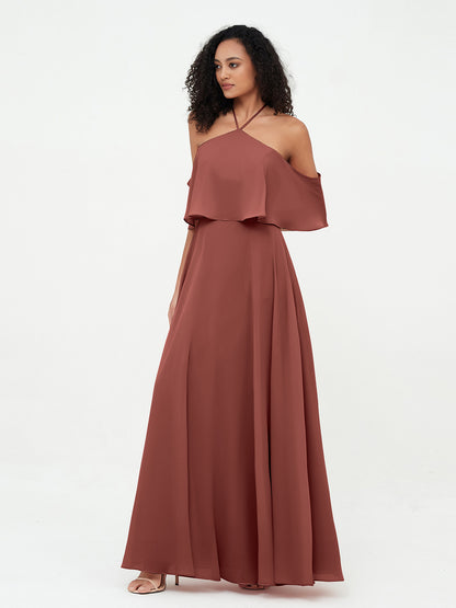 Vestidos máximos de chiffon estilo halter con hombros descubiertos Terracota Tallas Grandes