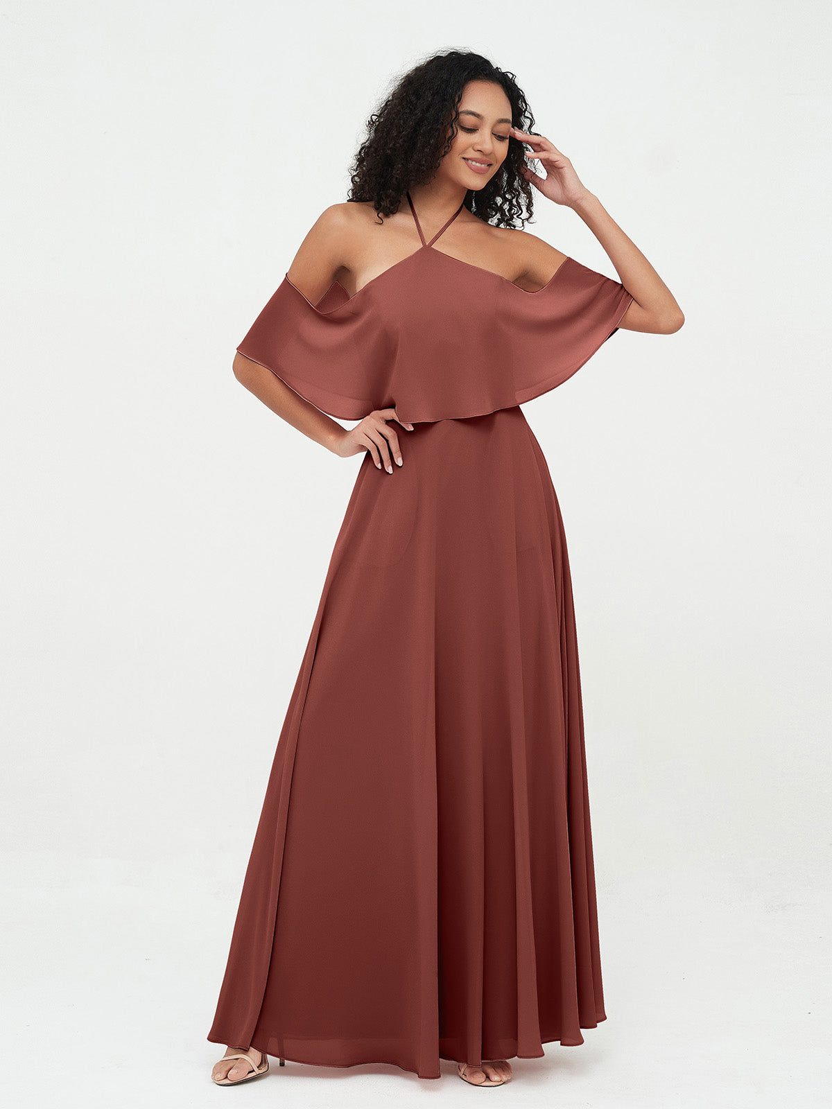 Vestidos máximos de chiffon estilo halter con hombros descubiertos Terracota
