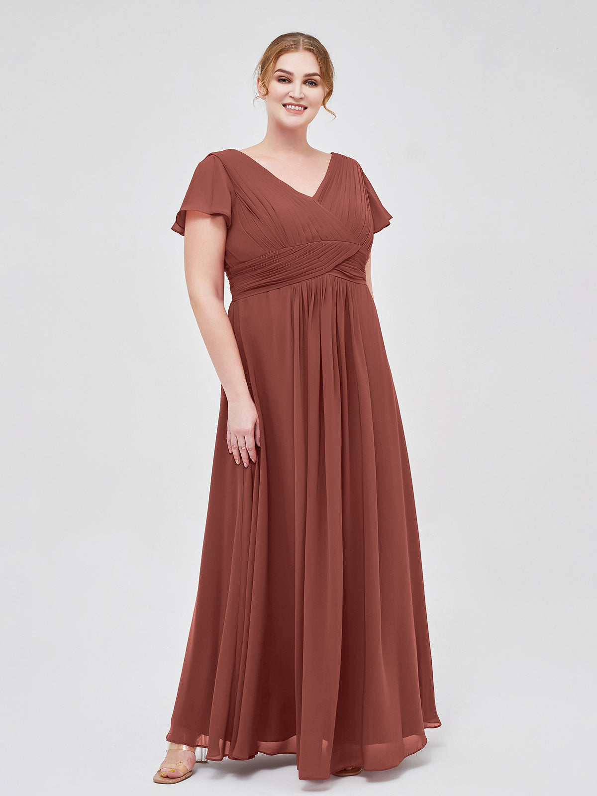 Jacqueline Largo Gasa Vestido De Dama De Honor Con Mangas De La Tapa Terracota Tallas Grandes